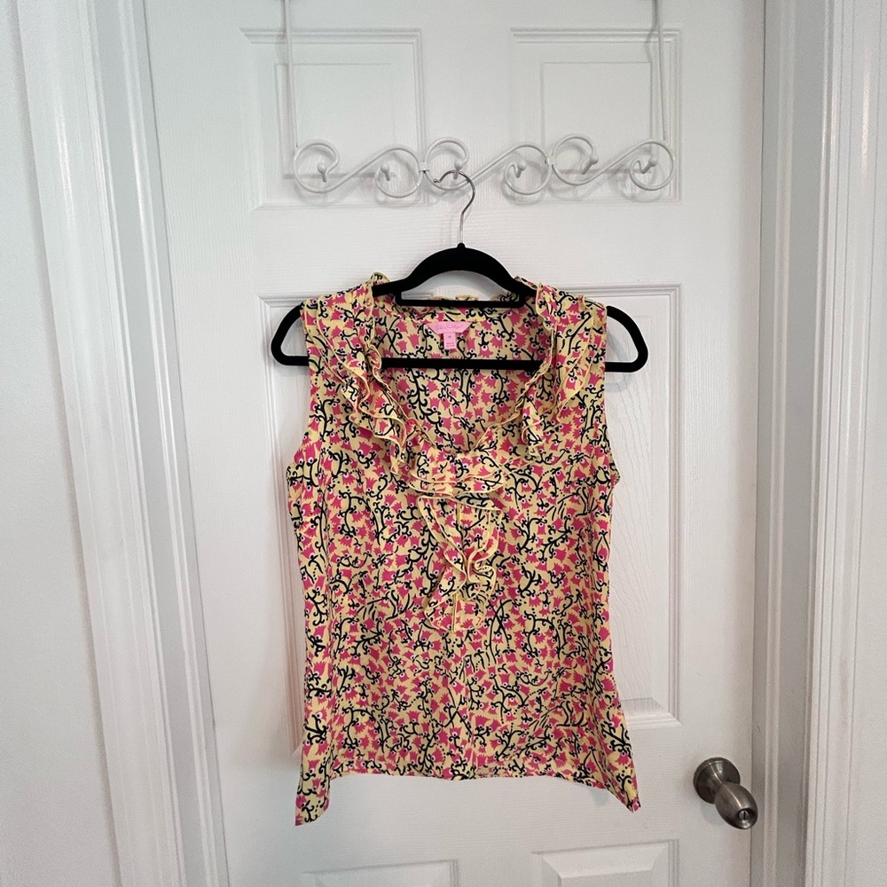 NWOT Lilly Pulitzer Pink & Yellow Tulip Print Sleeveless Blouse Ruffle Size M